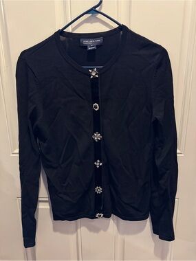 Jones New York Signature Black Jewel Button Front Cardigan Sweater Long Sleeve S